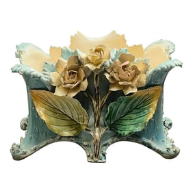 1880's Antique Victorian Era French Barbotine Majolica Planter With Hand Sculpted & Applied 3-Dimens