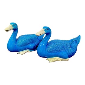 Early 20th Century Turquoise Chinese Export Figures of Seated Ducks - a Pair