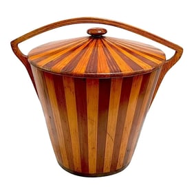 American Modernist Geometric Inlaid Two-Tone Wood Lidded Bucket /Vessel, 1950s