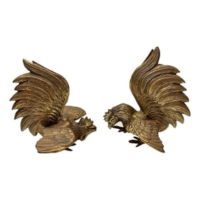 Mid 20th Century Brass Fighting Cocks From Japan Set of 2