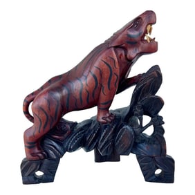 Vintage Curved Wood Carving of a Tiger on a Base