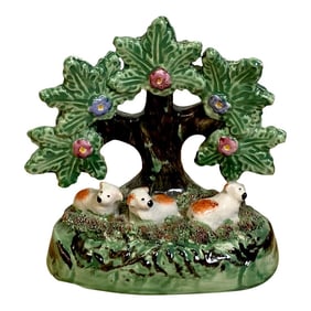 19th Century Staffordshire Pearlware Bocage Pack of Red Spaniel Puppies/ Sheep