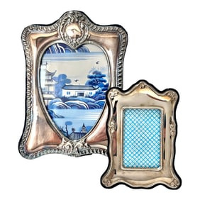 1990s Silver Plate Metal Edwardian Scrolled Picture Frames - Set of 2