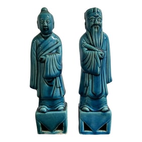 Chinese Blue Glazed Ceramic Deity Figurines - a Pair