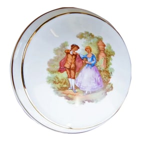 Vintage Limoges France Courting Couple White Gold Rim Round Trinket Ring Box