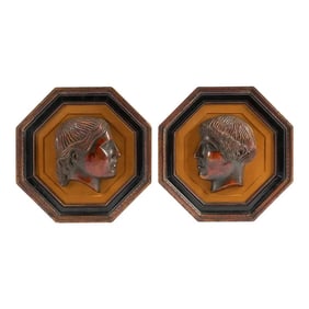 Mid 20th Century Octagonal Framed 'Pompeiian Red' Pottery Roman Medallions - a Pair
