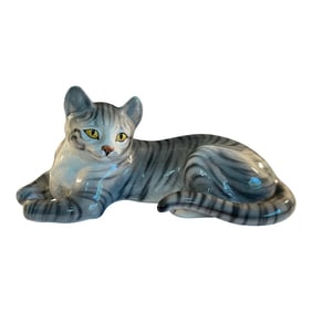 Large Mid 20th Century Ronzan Ceramic Gray Tabby Cat