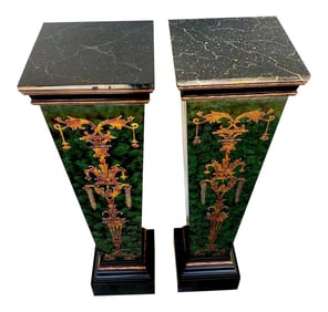 Mid 20th Century Neoclassical Faux Painted Green and Gilt Pedestals - a PAir