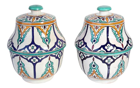 Moorish Ceramic Glazed Covered Jars Handcrafted in Fez Morocco - a Pair