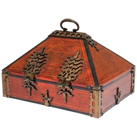 19th Century Indian Malabar Dowry Jewelry Box in Lacquered Teak With Handcrafted Brass From Kerala
