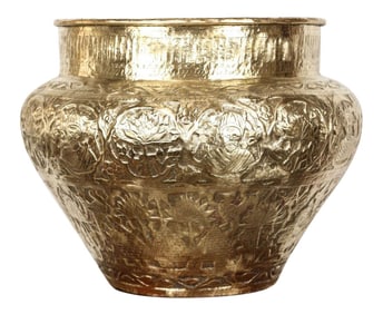 Persian Mameluke Hand Etched Repousse Brass Cache Pot