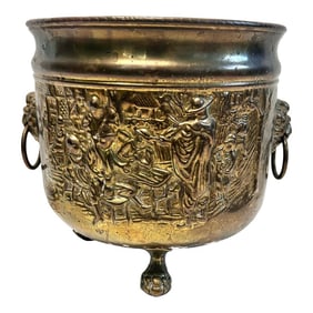 Vintage English Brass Cachepot Coal Bucket With Lion Heads and Rings
