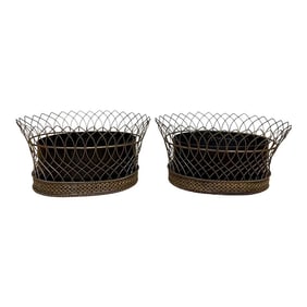 Early 20th Century Antique French Gilt T?¥le & Iron Tole Metal Filigree Oval Planters - A Pair