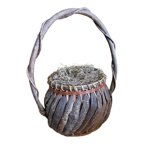 Early 20th Century Vintage Ikebana Basket With Root Handle