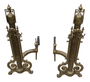 1930s Greek Key Brass Andirons - a Pair