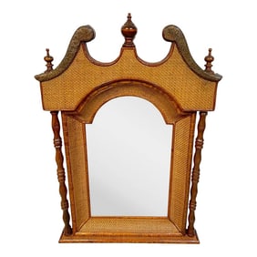 Late 20th Century British Colonial Tradewinds Rattan & Copper Grandfathers Clock Bonnet Mirror