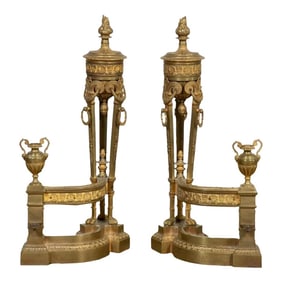 Pair, Antique French Neoclassical Style Gilt Bronze Urn Fireplace Chenets