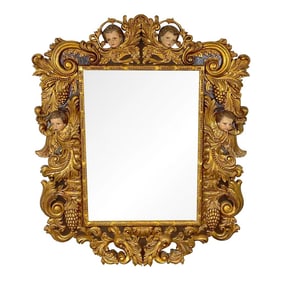 Early 20th Century Palatial Italian Carved Figural Giltwood & Polychromed Baroque Style Mirror