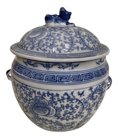 1970s Blue and White Greek Key Chinoiserie Bowl