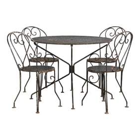 Antique French Art Nouveau Black Wrought Iron Painted Garden Set