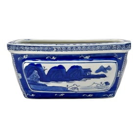 Vintage Medium Blue & White Porcelain Ceramic Chinoiserie Planter
