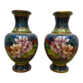 Mid 20th Century Vintage Chinese Cloisonne Floral Decorated Vases- a Pair