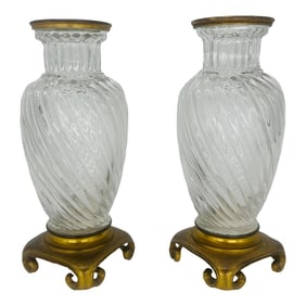 Pair, 19th Century Baccarat Swirl Pattern Bronze Ormolu Mounted Crystal Vases