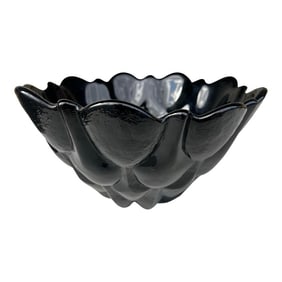 Vintage Heavy Black Opaque Milk Glass Bowl With Scalloped Flower Shape