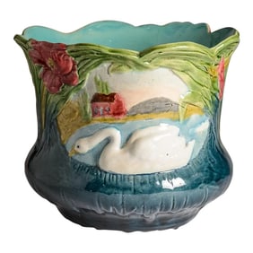 Majolica Swan Art Nouveau Planter/Cache Pot, France, C.1890-1900