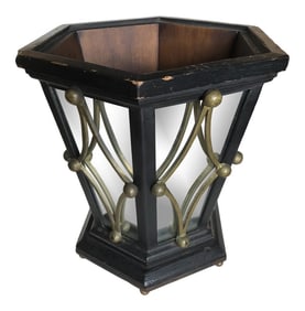 1920s Oversized Art Deco Period Mirrored Hexagon Form Bronze Mounted Trash Can