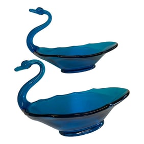 Late 20th Century Blue Glass Swan Dishes- Set of 2
