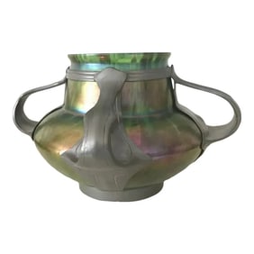 1892 Loetz Austria Jungenstil Era Pewter Mounted Art Glass Vase