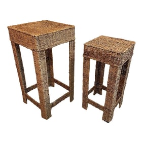 Vintage Woven Wicker Seagrass Plant Stands / Stools - a Pair
