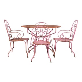 Antique French Art Nouveau Pink Wrought Iron Painted Garden Set