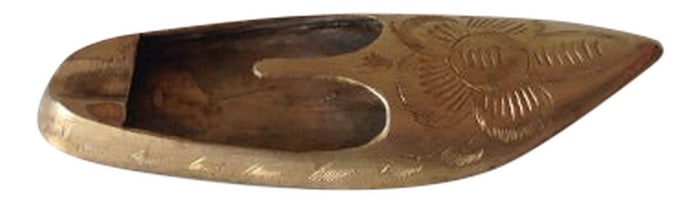 1970s Folk Art Etched Brass Shoe Ashtray