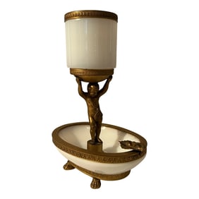 Antique Baccarat Style Opalescent Milk Glass & Ormolu Mounted Figural Smoking Tray