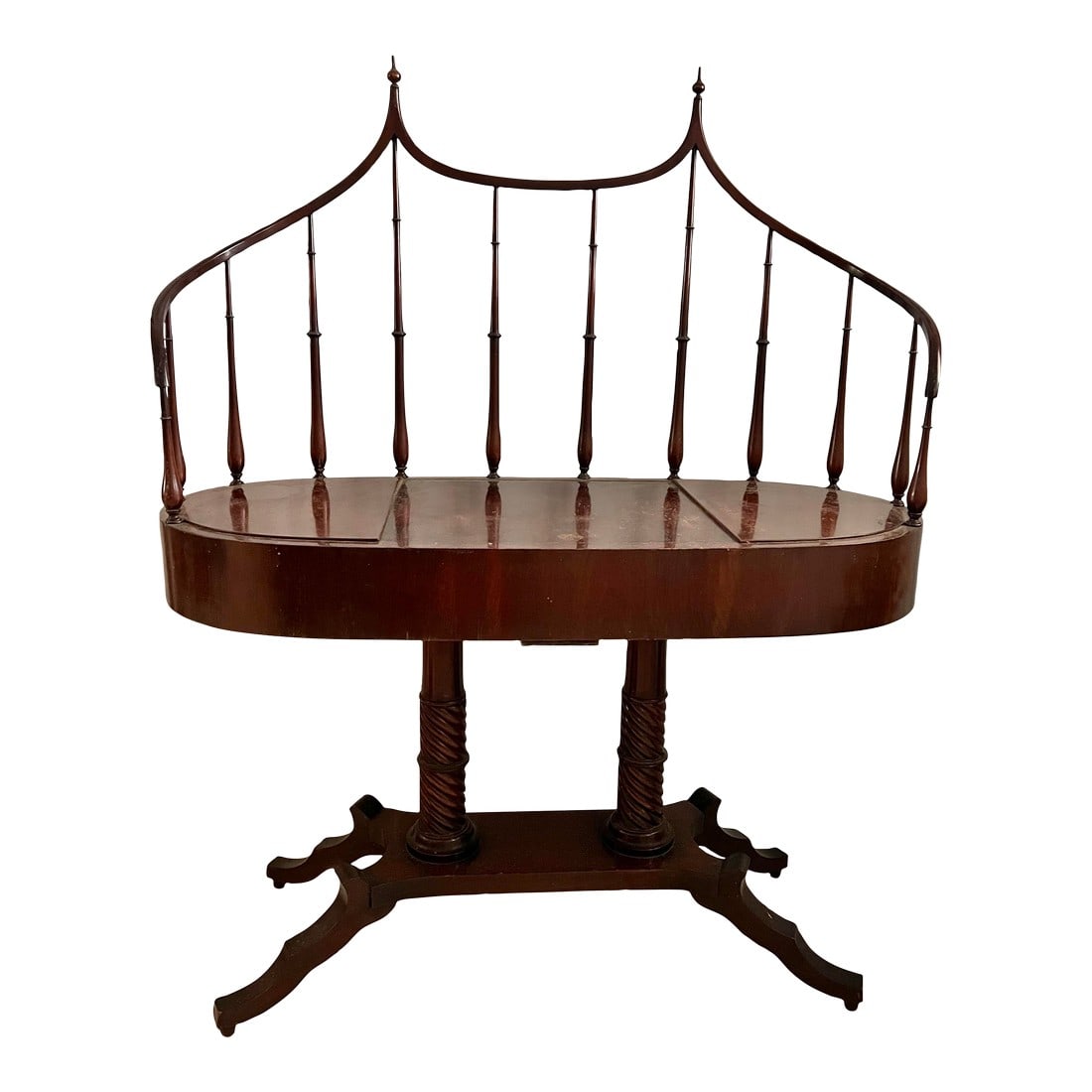 Vintage Double Planter Console Table With Spindle Back: Antique oval console table. Biedermeier foyer planter table with bowed spindle back. There are 2 removable side boards to insert plants or flowers. This is an estate item. Please visit and see all our