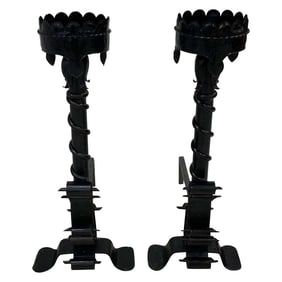Early 20th Century Large Wrought Iron Tudor Style Andirons - a Pair