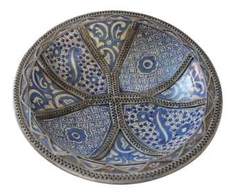 Moroccan Blue Ceramic Dish Bowl Adorned With Silver Filigree From Fez
