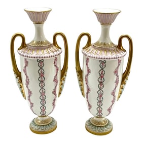 Early 20th Century Royal Worcester Transitional Neoclassical Style Vases - a Pair