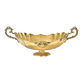 1970s Large Brass Pedestal Centerpiece Bowl Scalloped Cachepot With Handles