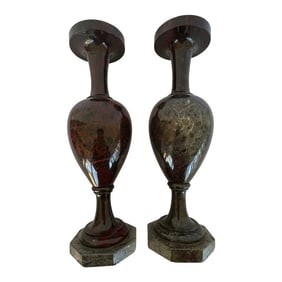 Pair, Antique Cornwall Red Jasper Stone Vases on Marble Bases