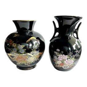 Vintage Black & Gold Porcelain Imari Chinoiserie Vases - Set of 2