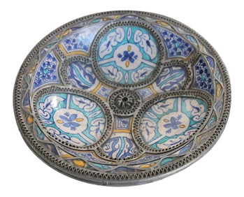 Moorish Ceramic Dish Bowl Adorned with Silver Filigree from Fez