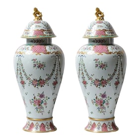 Pair French Samson Lidded Porcelain Floor Vase, 30" H