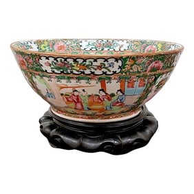 19th Century Chinese Export Rose Medallion Bowl & Hardwood Stand