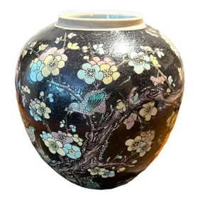 Mid 19th Century Antique Chinese Famille Noire With Bird Perched on a Prunus Branch Ceramic Jar