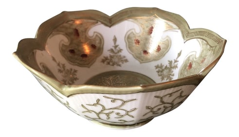 1970s Green Chinoiserie Greek Key Ceramic Bowl