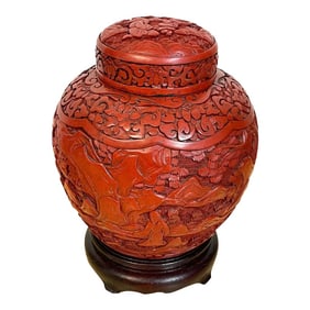 Early 20th Century Post Qing Dynasty Cinnabar Ginger Jar & Stand