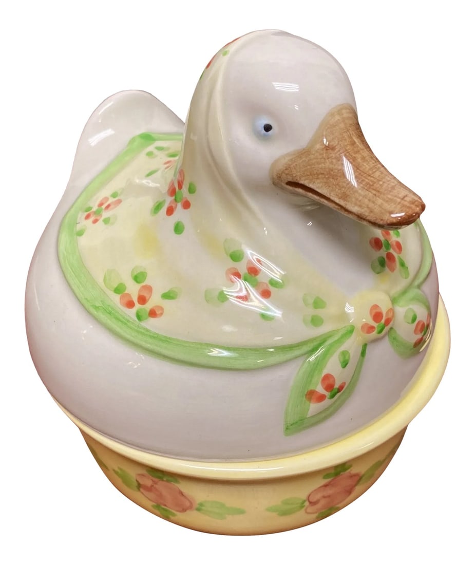 1980s Fitz and Floyd Ceramic Catchall With Lid: Ceramic Fitz and Floyd catchall with lid. Perfect to add character to any tabletop or bookcase and for the interior designer. Condition: Alterations: Original Condition Unaltered Imperfections: Some I